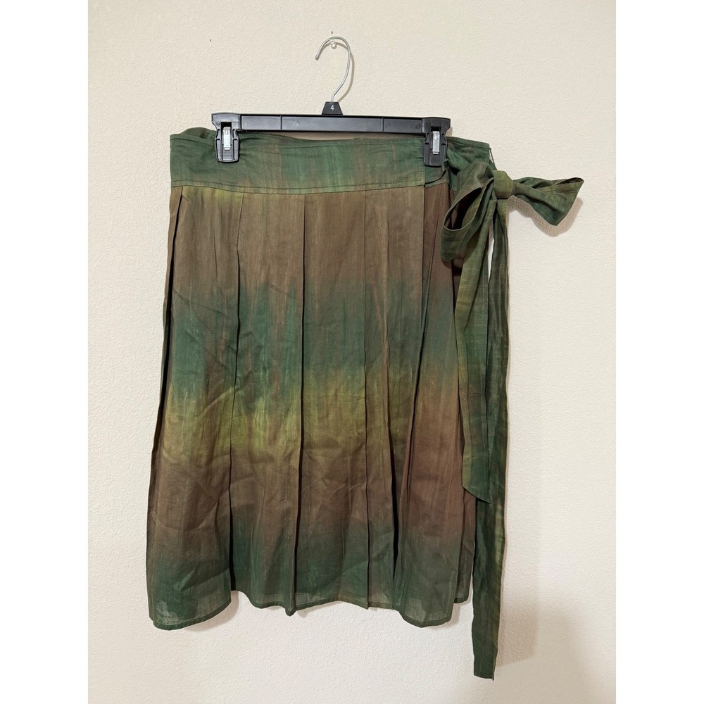 Theory Wrap Skirt Women 8 Green Brown Tie Dye Ombre Pleated Side Tie Knee Length